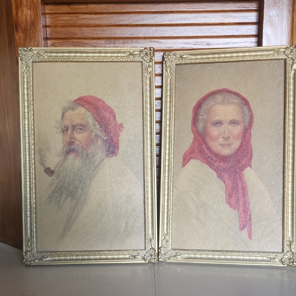 Vintage Old Man & Woman Of Capri Textured Prints Vintage Gold Frames Set 2